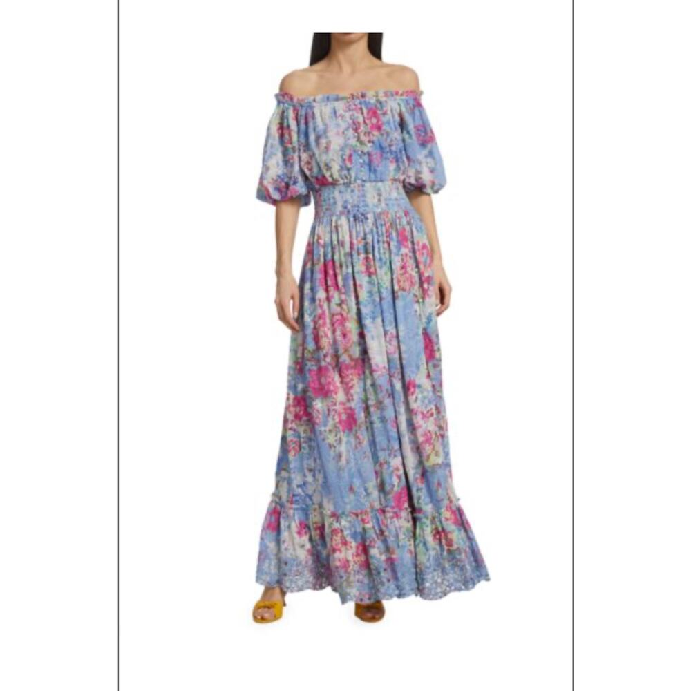Hemant & Nandita Floral & Eyelet Off-The-Shoulder Maxi Dress SMALL - Picture 2 of 11